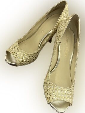 Audrey Brooke Gold Woven Peep-Toe Heels